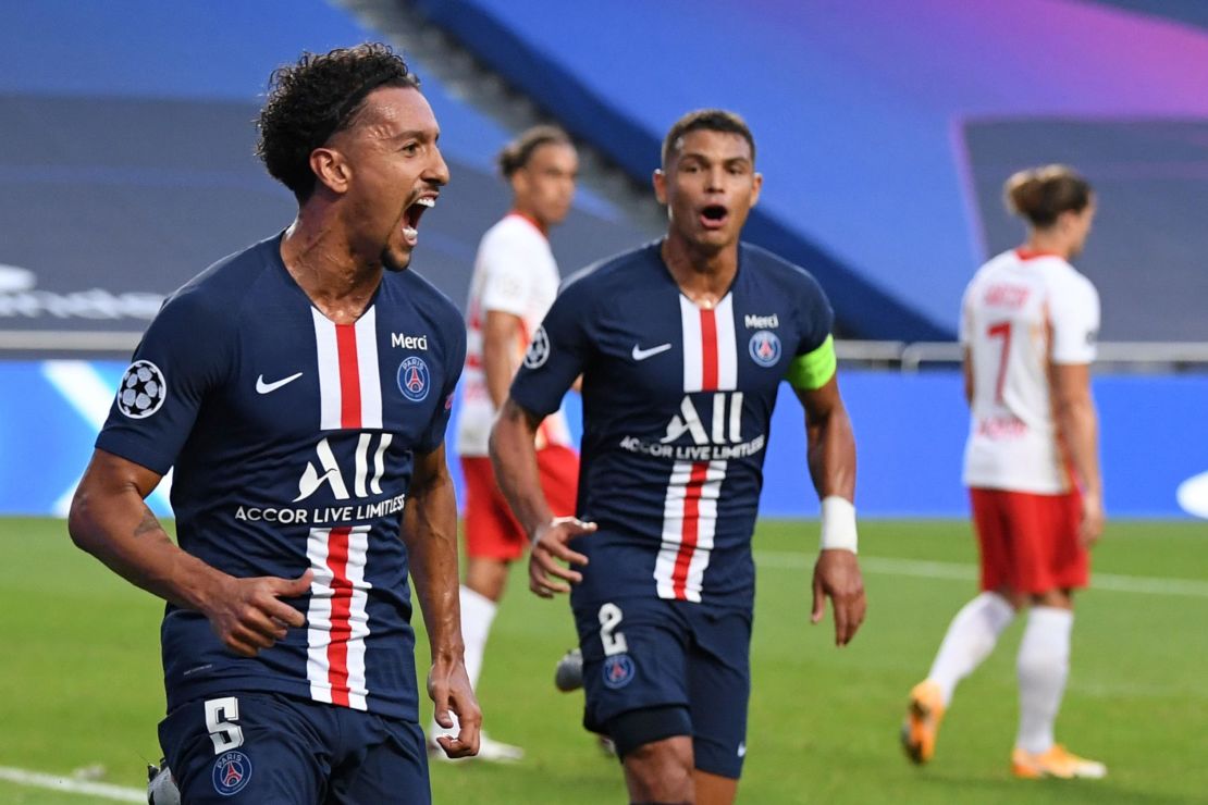 Paris Saint-Germain defender Marquinhos celebrates after opening the scoring goal for the French club.