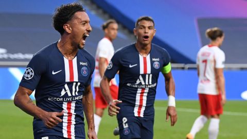 Paris Saint-Germain defender Marquinhos celebrates after opening the scoring goal for the French club.