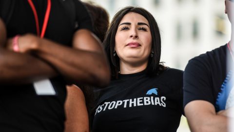 Laura Loomer waits backstage during a "Demand Free Speech" rally on Freedom Plaza on July 6, 2019 in Washington, DC. 