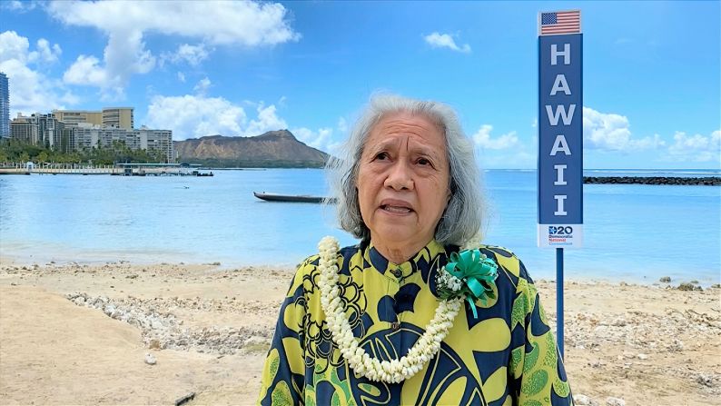 Civil rights activist Amy Agbayani of Hawaii made her remarks from Ala Wai Boat Harbor in Honolulu.