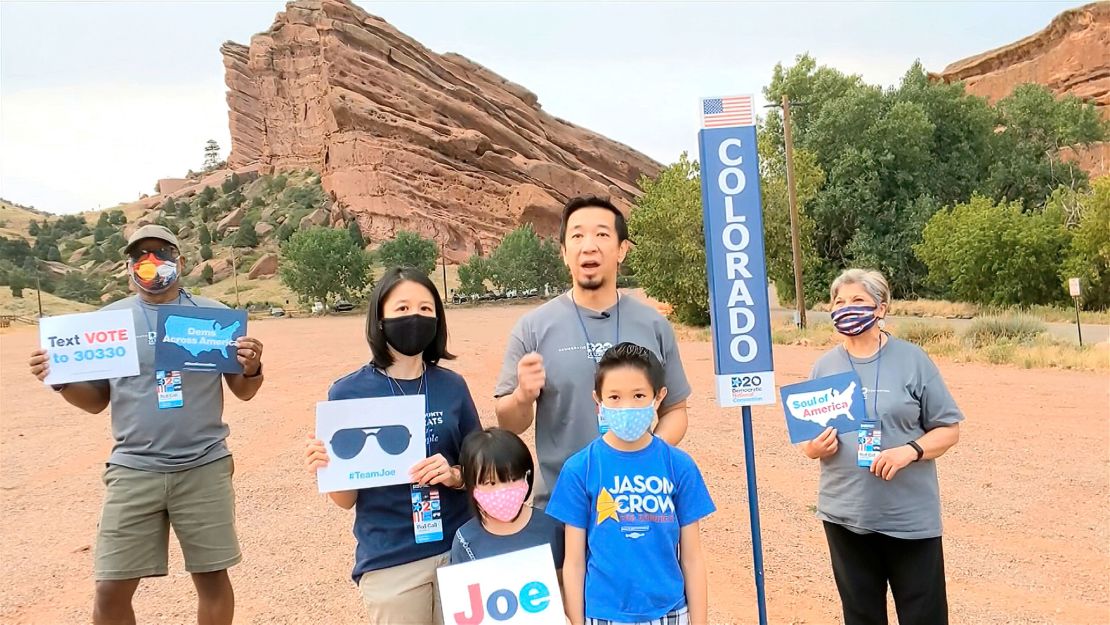 Howard Chou of Colorado speaks at Red Rocks Park during the state roll call vote on second night of the Democratic National Convention on Tuesday, Aug. 18, 2020.