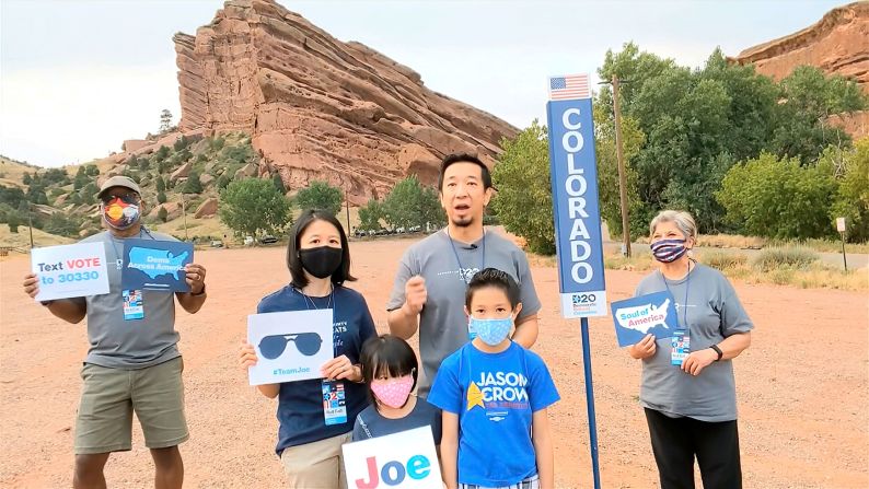 Howard Chou of Colorado speaks from Red Rocks Park during the state roll call vote.