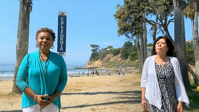 On Cabrillo Beach in San Pedro, in Los Angeles, Rep. Barbara Lee, left, and Rep. Hilda Solis speak during the state roll call vote.