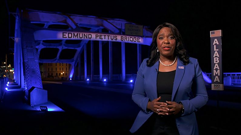 Alabama state Rep. Terri Sewell spoke in front of The Edmund Pettus bridge in Selma, Alabama, during the roll call.