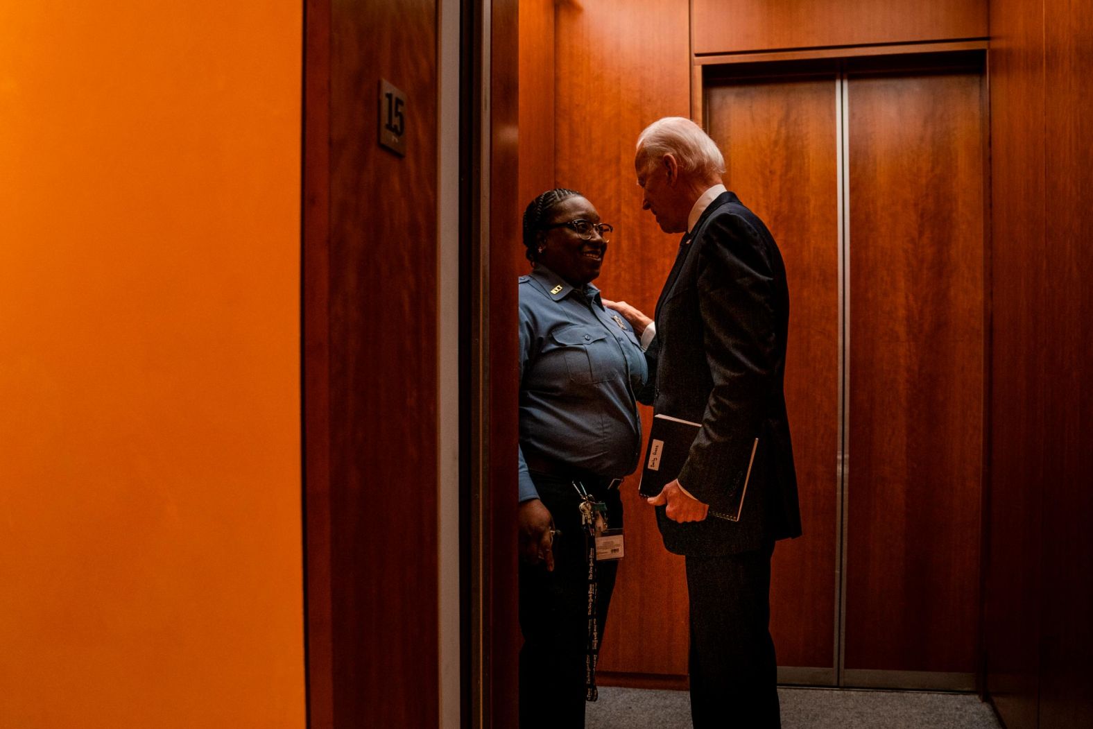 Biden speaks with Jacquelyn Brittany, a security guard at The New York Times, in December 2019. Brittany was escorting Biden to a Times editorial board meeting when she said: "I love you. I do. You're like my favorite." <a href="https://www.cnn.com/videos/politics/2020/01/21/joe-biden-elevator-selfie-new-york-times-endorsement-orig-llr.cnn" target="_blank">The exchange</a> was aired as part of the Times' TV series "The Weekly," and was circulated on social media. In August 2020, <a href="https://www.cnn.com/2020/08/18/politics/security-guard-elevator-biden-convention/index.html" target="_blank">Brittany gave the first speech</a> officially nominating Biden for president at the Democratic National Convention. "I take powerful people up on my elevator all the time," Brittany said. "When they get off, they go to their important meetings. Me, I just head back to the lobby. But in the short time I spent with Joe Biden, I could tell he really saw me. That he actually cared, that my life meant something to him. And I knew even when he went into his important meeting, he'd take my story in there with him." Biden <a href="https://twitter.com/JoeBiden/status/1295900540694433792" target="_blank" target="_blank">responded on Twitter</a>: "Jacquelyn: Your nomination means the world to me. Thank you — and I hope you know: we love you back."