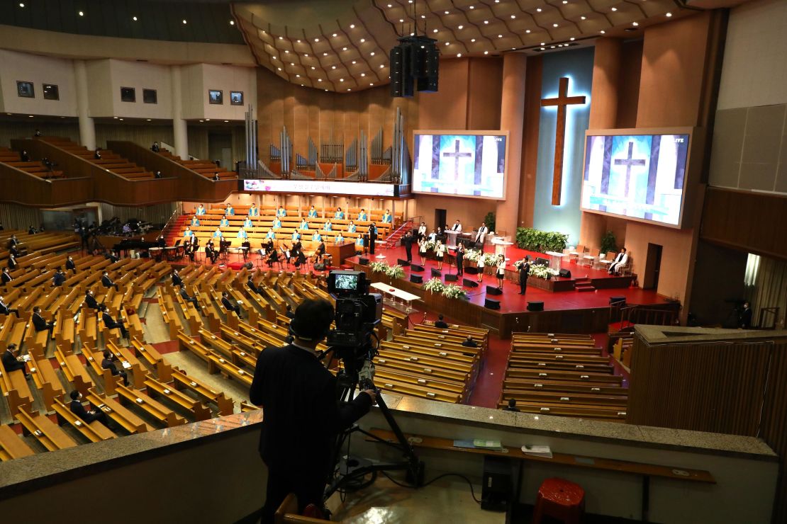 Worshipers take part in a socially distanced Easter service in a church in Seoul in April. 