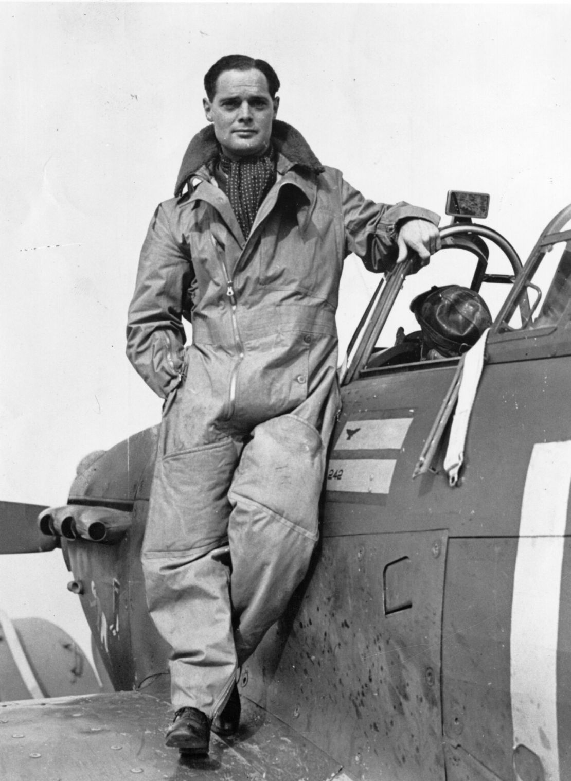 British fighter pilot Douglas Bader pictured on his plane in October 1940. 