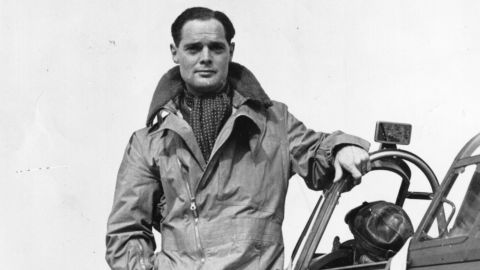 British fighter pilot Douglas Bader pictured on his plane in October 1940. 