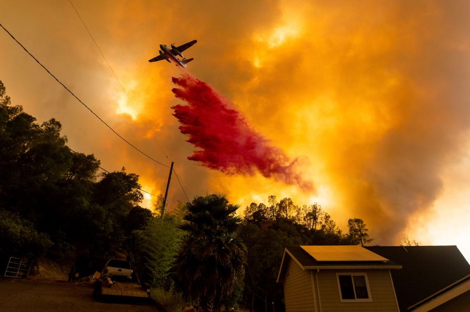 An air tanker drops retardant on fires in the Spanish Flat community of Napa County on August 18, 2020.