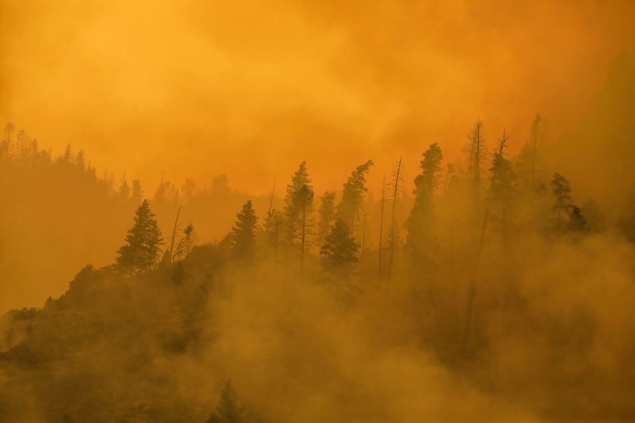 Smoke from the Grizzly Creek Fire is thick in Glenwood Canyon, near Glenwood Springs, Colorado, on August 16, 2020.