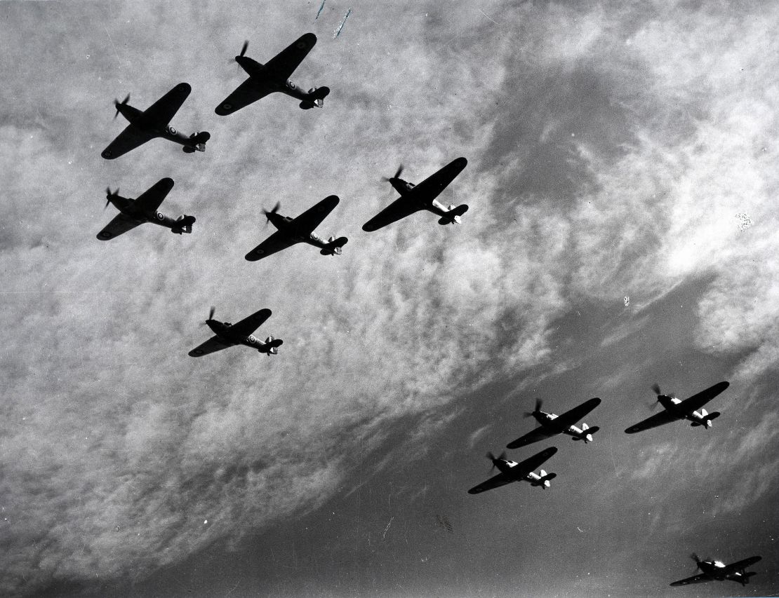 Hawker Hurricanes of RAF Fighter Command, flying in formation during the Battle of Britain in 1940.