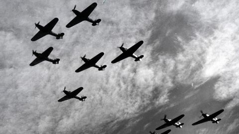 Hawker Hurricanes of RAF Fighter Command, flying in formation during the Battle of Britain in 1940.