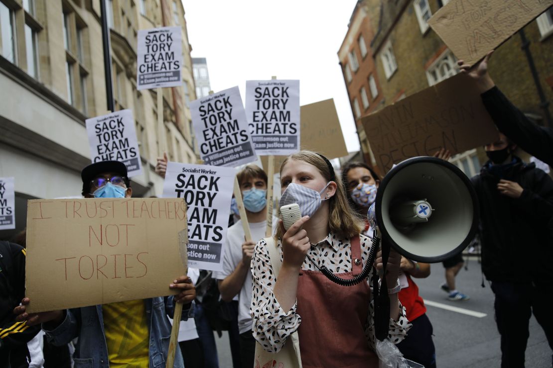 Students demonstrate outside the Department for Education in central London on August 14.