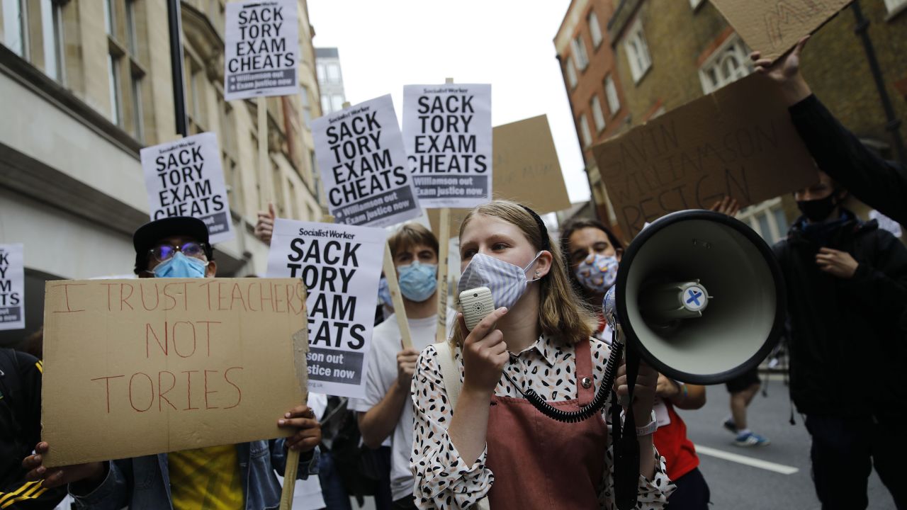 Students demonstrate outside the Department for Education in central London on August 14.