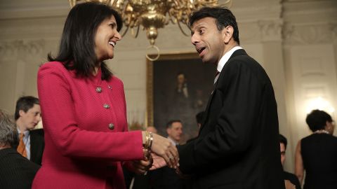 Republicans Nikki Haley and Bobby Jindal shake hands at the White House in 2015, when both were serving as governors. 
