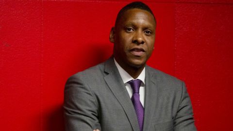 Ujiri stands in the tunnel before the Raptors' game against the New Orleans Pelicans.