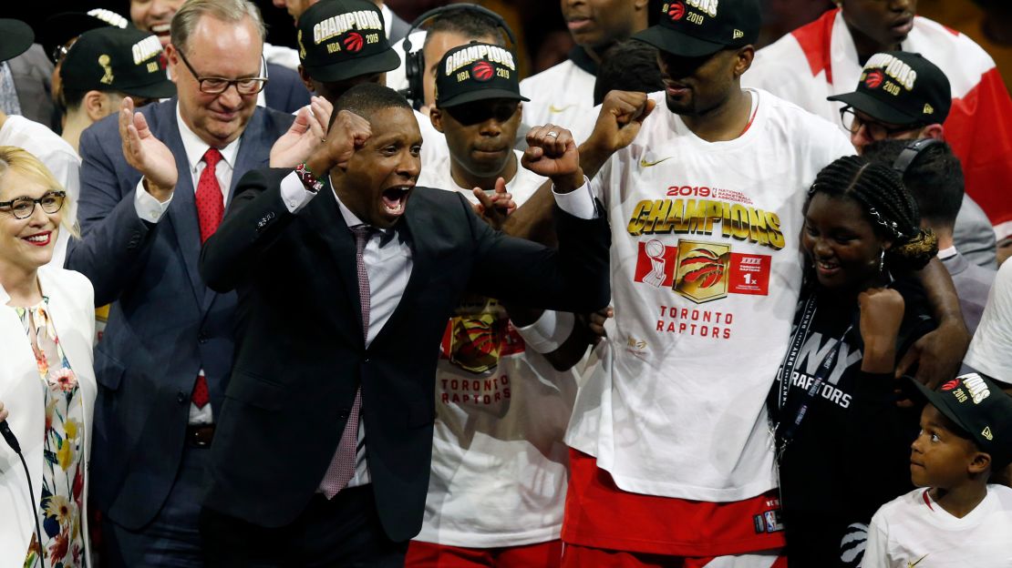 Ujiri celebrates the Raptors' victory  over the Golden State Warriors to win the 2019 NBA Finals.