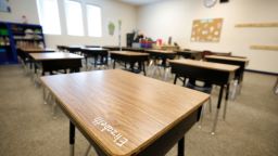  A student's name is written on a desk as a teacher sets up her classroom at Freedom Preparatory Academy as teachers begin to prepare to restart school after it was closed in March due to COVID-19 on August 13, 2020 in Provo, Utah. The school is planning to have students return on August 18 for five days a week instruction, but with reduced hours during the day.