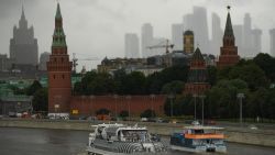 Leisure boats float on the Moskva river in front of the Kremlin, with the Russian Foreign Ministry building and skyscrapers of Moscow's International Business Centre (Moskva City) seen in the background, in downtown Moscow on July 16, 2020. (Photo by Kirill KUDRYAVTSEV / AFP) (Photo by KIRILL KUDRYAVTSEV/AFP via Getty Images)