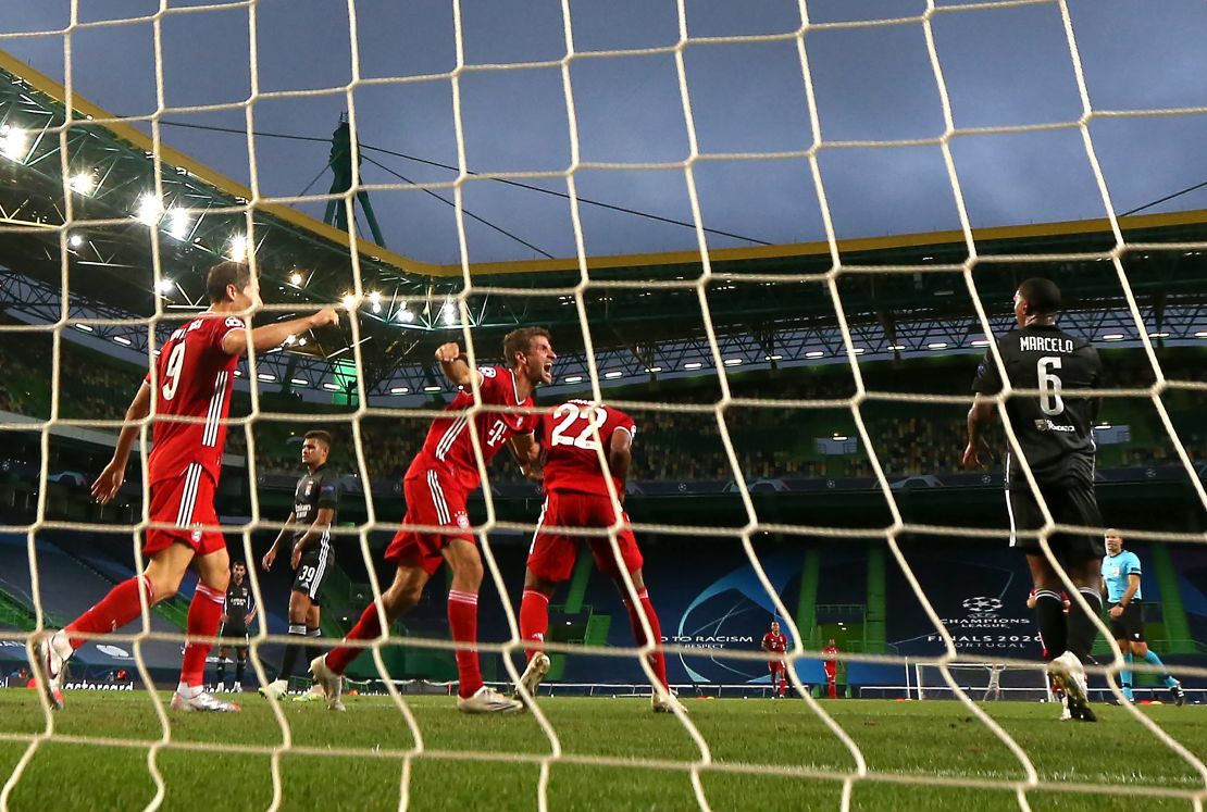 Bayern Munich celebrate Serge Gnabry's second goal against Lyon.