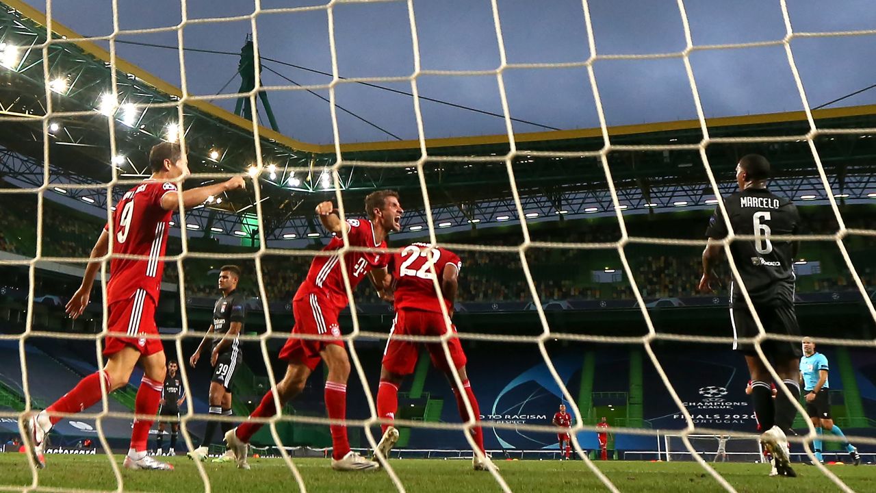 Bayern Munich celebrate Serge Gnabry's second goal against Lyon.