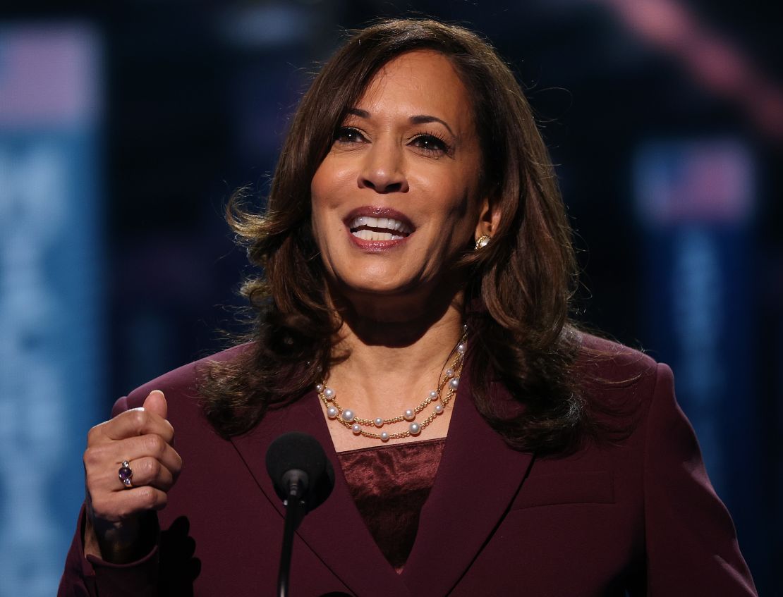Democratic vice presidential nominee U.S. Sen. Kamala Harris (D-CA) speaks on the third night of the Democratic National Convention.