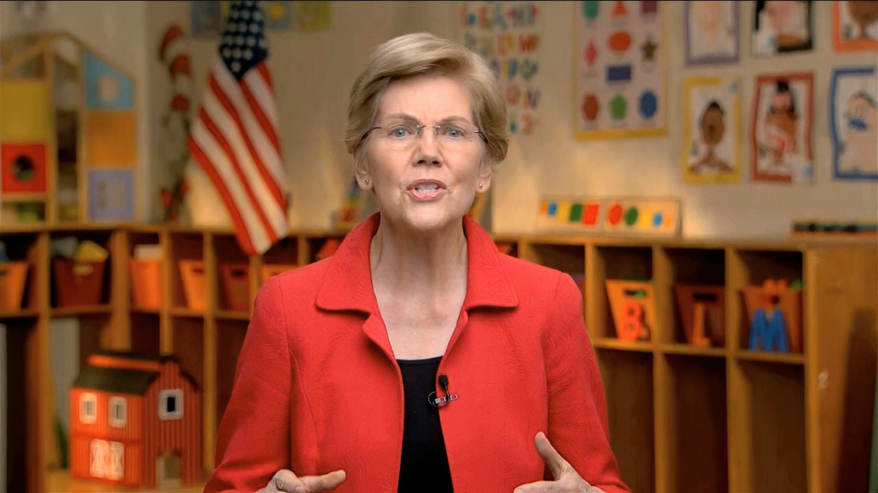 US Sen. Elizabeth Warren spoke from a pre-K and kindergarten facility that has been shuttered because of the coronavirus pandemic. <a href="https://www.cnn.com/politics/live-news/dnc-2020-day-3/h_3236105cc23b6c09a74f619916344a83" target="_blank">She focused her remarks on child care,</a> an issue that has grown in prominence these last few months as parents struggle to balance work and caring for their children. At right, the letters "BLM" are seen — <a href="https://www.cnn.com/2020/08/19/politics/elizabeth-warren-blm-blocks-black-lives-matter-dnc/index.html" target="_blank">a subtle tribute to the Black Lives Matter movement.</a>