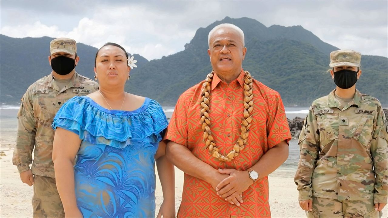 American Samoa's delegation, Petti Matila and Aliitama Sotoa, take part in Tuesday's roll call. The appearance of two uniformed Army soldiers appears to have violated a Department of Defense policy about military personnel participating in political events. A DNC official called <a href="https://www.cnn.com/2020/08/19/politics/dnc-uniformed-troops-politics/index.html" target="_blank">the incident</a> an "oversight."