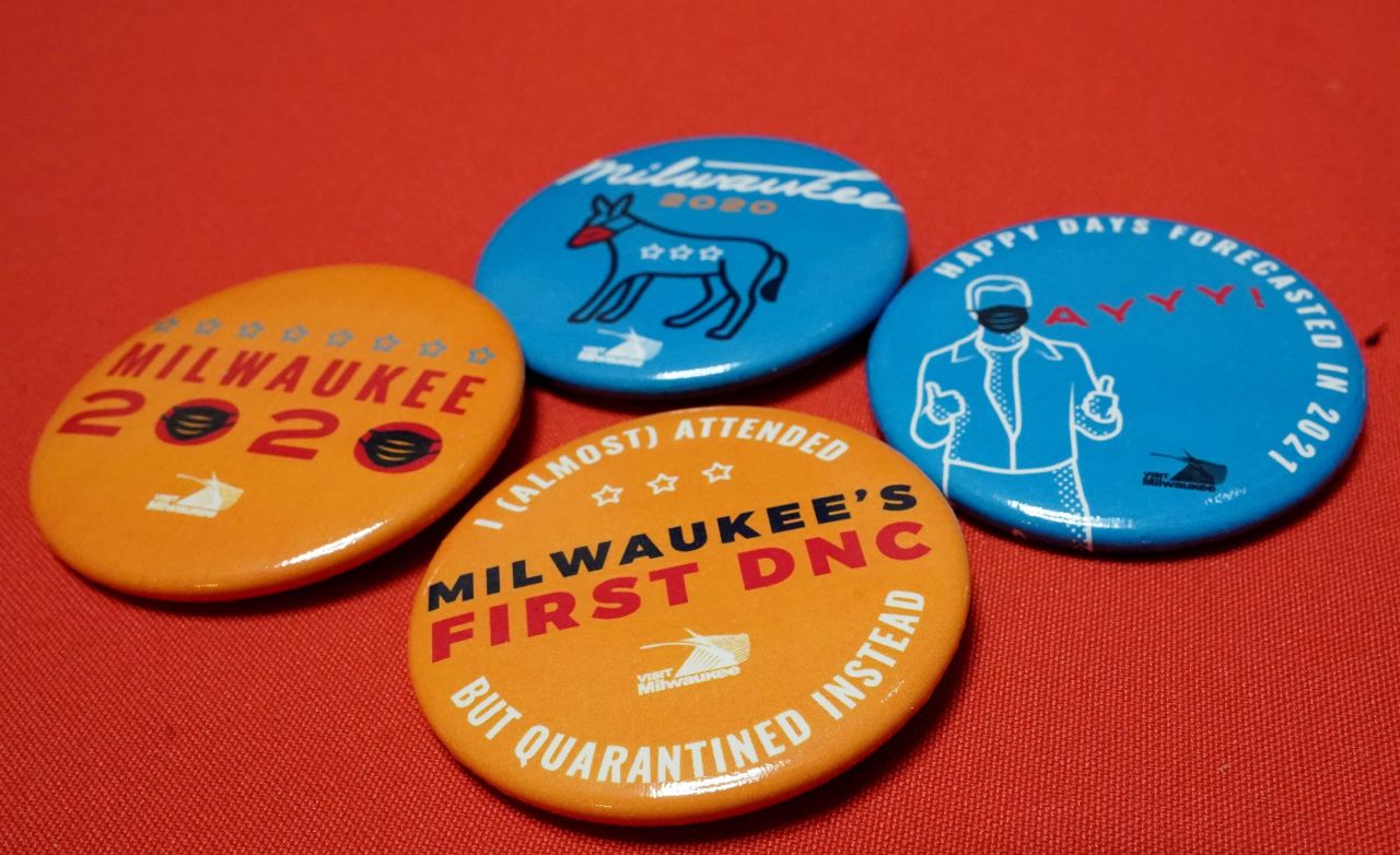 These campaign buttons were being handed out from a hotel in Milwaukee on Monday.