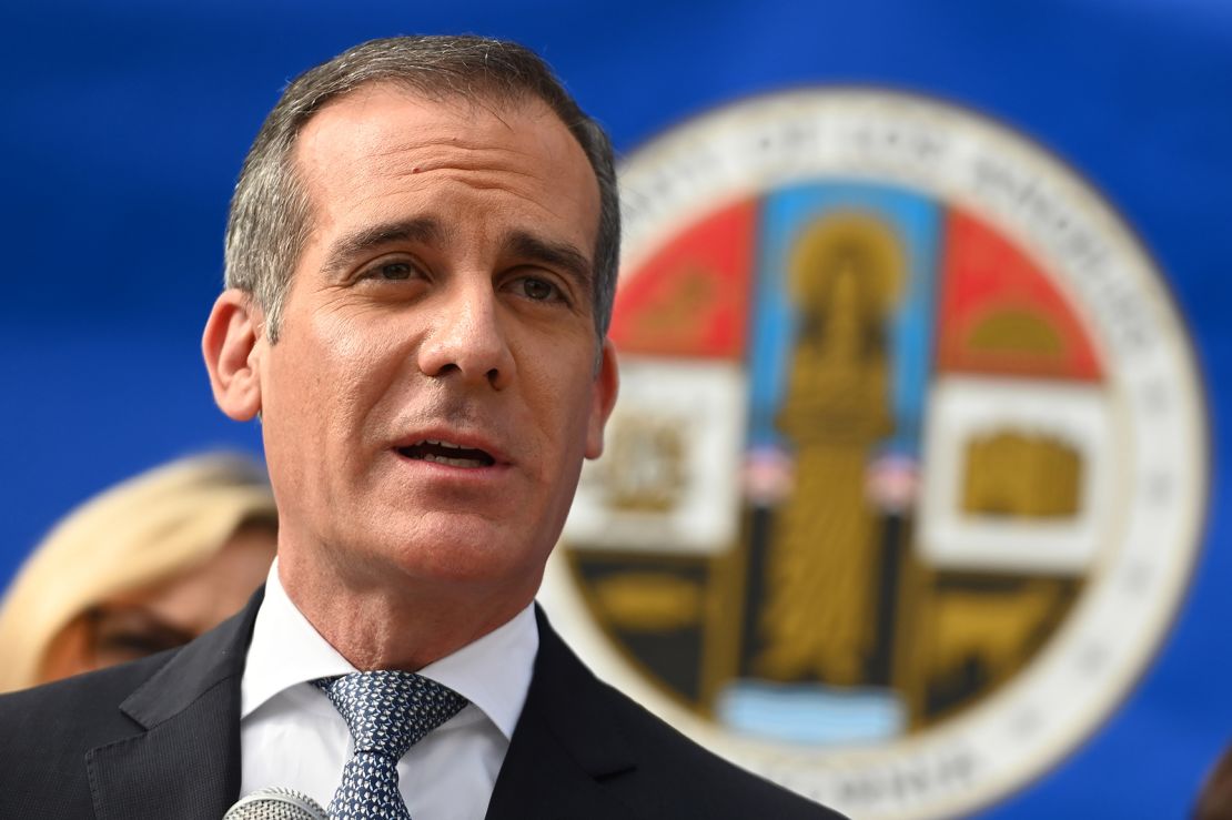 Los Angeles Mayor Eric Garcetti speaks at a Los Angeles County Health Department press conference on the novel coronavirus on March 4, 2020, in Los Angeles, California. 