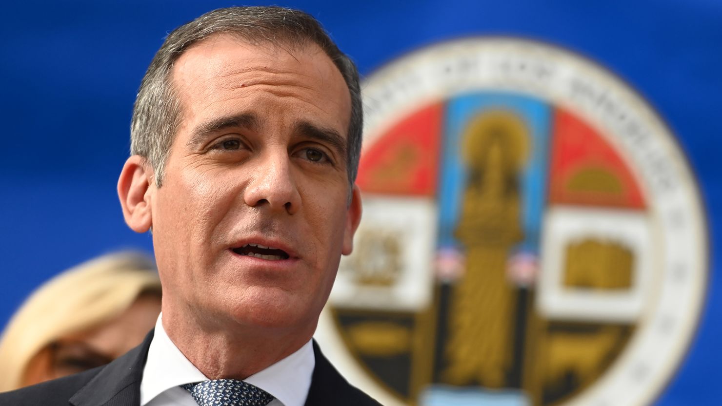 Then-Los Angeles Mayor Eric Garcetti speaks at a press conference on March 4, 2020 in Los Angeles, California.