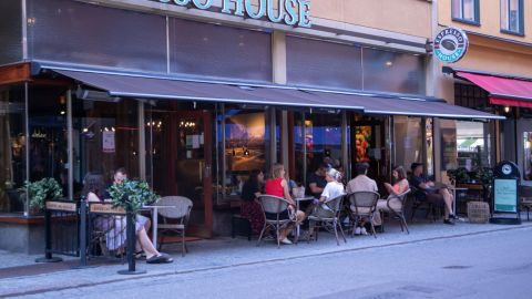 Sweden has recorded its highest number of deaths during the first half of the year since 1869, when the country was struck by famine. Pictured, a cafe in Stockholm. 