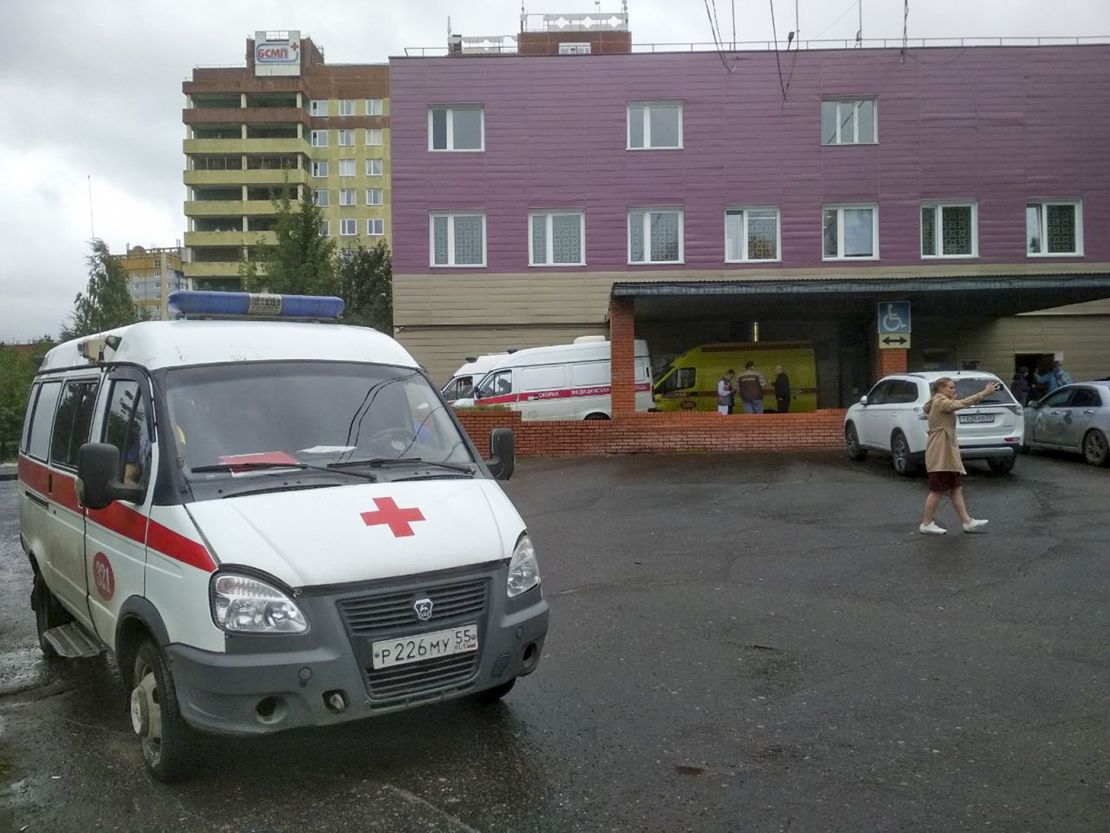 An ambulance parked next to a building of a hospital intensive care unit where Navalny was hospitalized in Omsk, Russia.