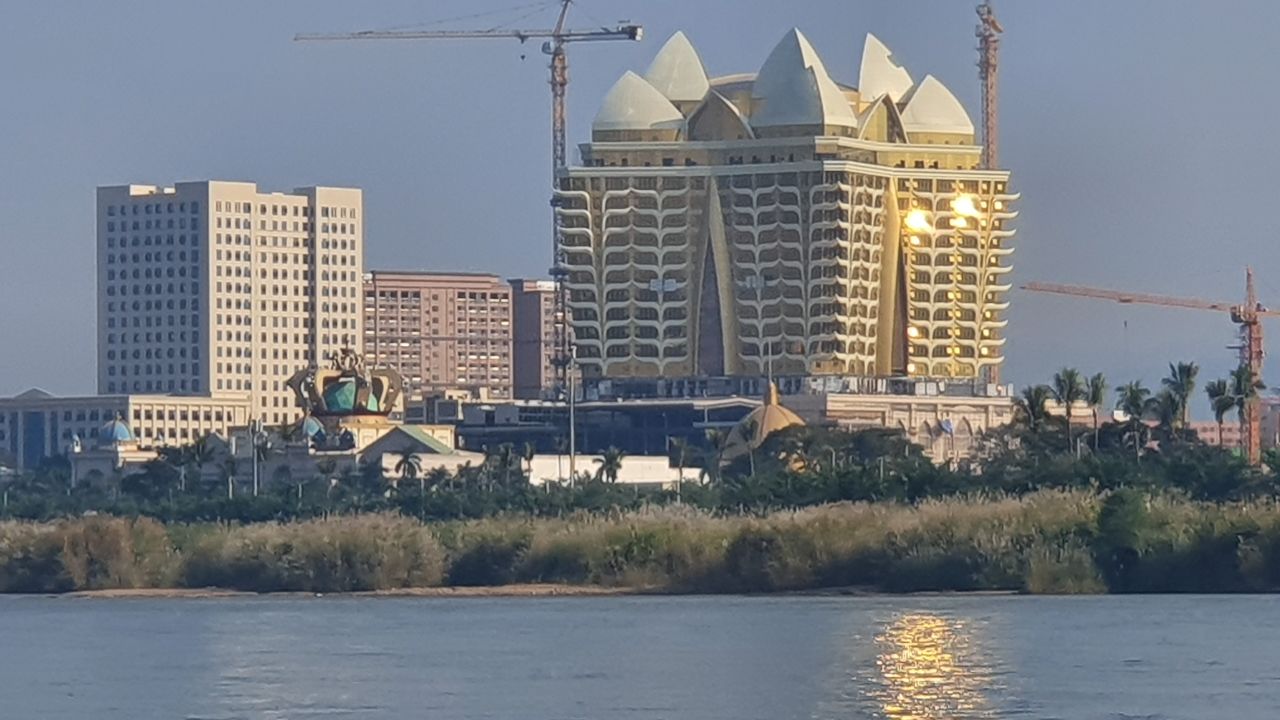 The exterior of the Kings Romans Casino in Laos' Golden Triangle Special Economic Zone is seen from a boat on the Thai side of the Mekong River in early 2020.