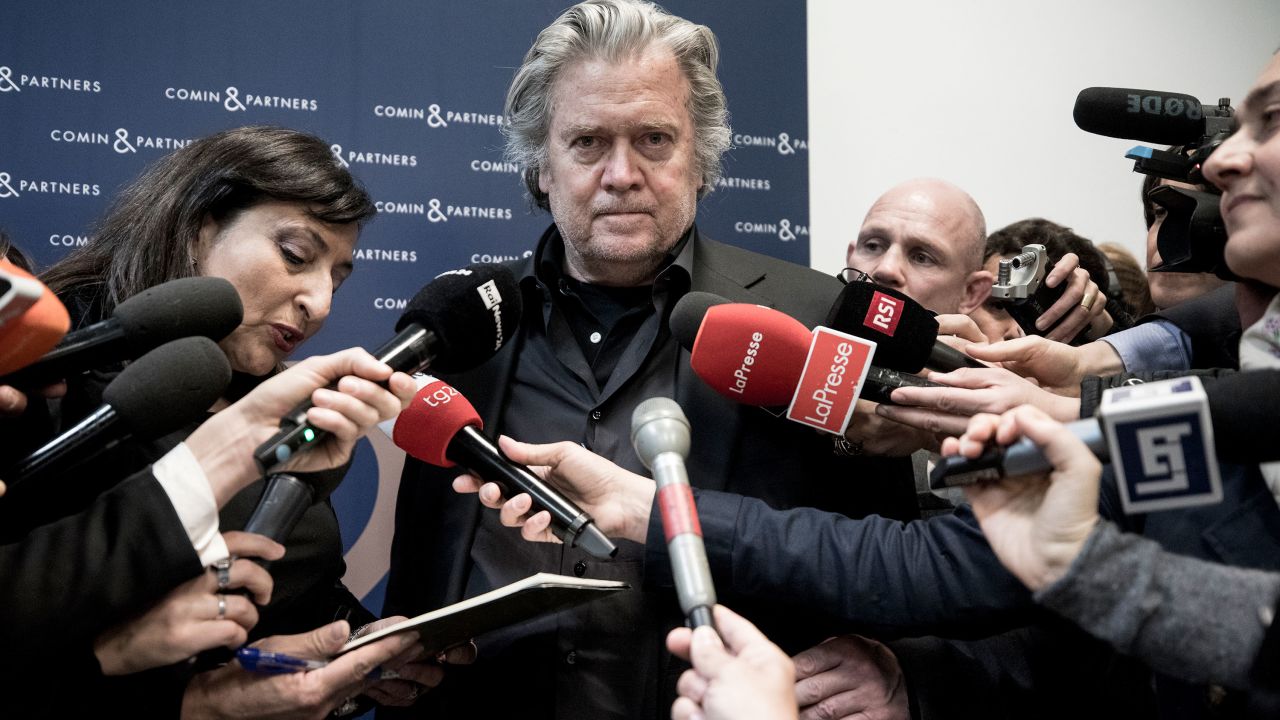 Steve Bannon, the former executive chairman of right-wing outlet Breitbart News and former adviser to President Donald Trump, talks to the press during a March 2019 event in Rome.