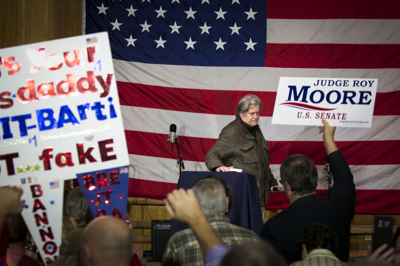 Bannon pauses while speaking during a campaign rally for US Senate candidate Roy Moore in Fairhope, Alabama, in December 2017. Democrat Doug Jones defeated Moore.