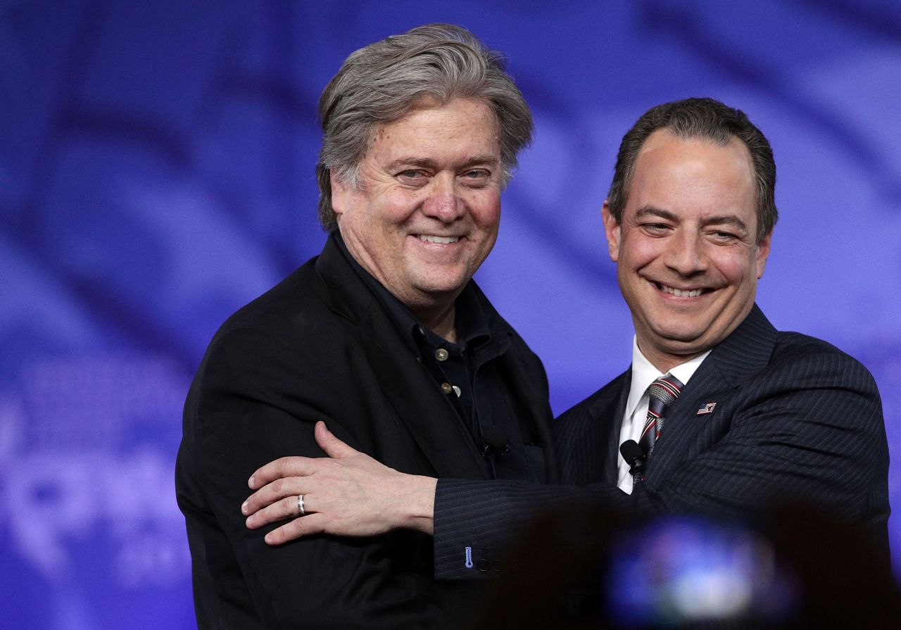 Bannon and Priebus arrive on stage during the Conservative Political Action Conference in February 2017.