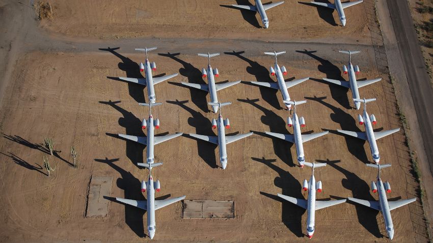 Decommissioned and suspended American Airlines commercial aircrafts are seen stored in Pinal Airpark on May 16, 2020 in Marana, Arizona.  Pinal Airpark is the largest commercial aircraft storage facility in the world, currently holding increased numbers of aircraft in response to the coronavirus COVID-19 pandemic.   (Photo by Christian Petersen/Getty Images)