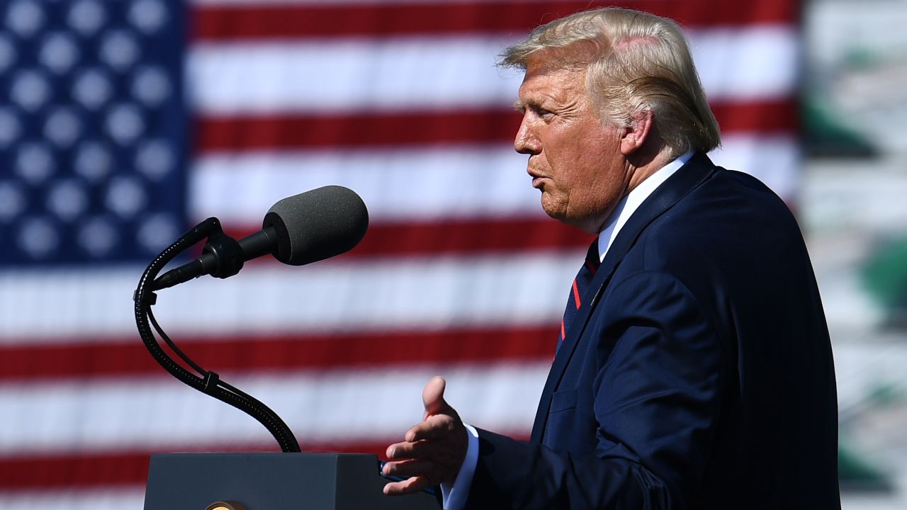 US President Donald Trump speaks outside Mariotti Building Products in Old Forge, Pennsylvania, on August 20, 2020. (Photo by Brendan Smialowski / AFP) (Photo by BRENDAN SMIALOWSKI/AFP via Getty Images)