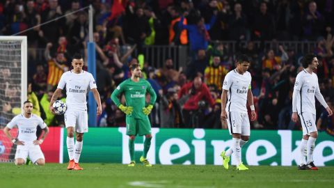 PSG players react after Sergi Roberto scored Barcelona's sixth goal in 2017.