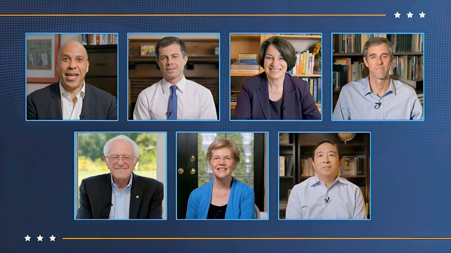 Former Democratic presidential candidates spoke highly of Biden on the final night of the convention. At the top, from left, are US Sen. Cory Booker; former South Bend, Indiana, Mayor Pete Buttigieg; US Sen. Amy Klobuchar and former US Rep. Beto O'Rourke. At the bottom are US Sen. Bernie Sanders, US Sen. Elizabeth Warren and Andrew Yang.