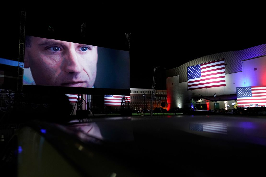 An image of Beau Biden, son of Democratic presidential candidate former Vice President Joe Biden, is shown outside the venue where Joe Biden will speak later tonight, during the final day of the Democratic National Convention, Thursday, Aug. 20, 2020, at the Chase Center in Wilmington, Del. (AP Photo/Carolyn Kaster)