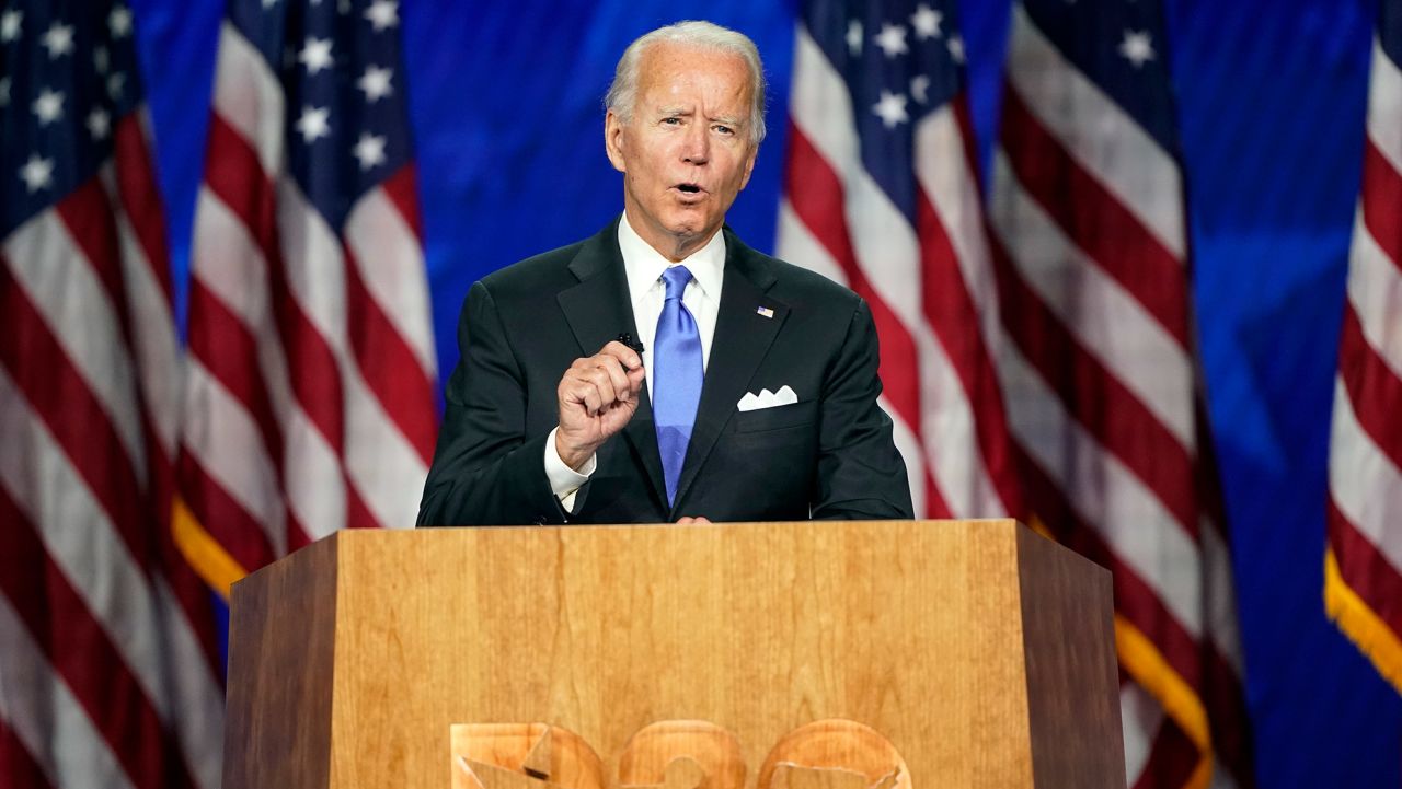 Democratic presidential candidate former Vice President Joe Biden speaks during the fourth day of the Democratic National Convention, Thursday, Aug. 20, 2020, at the Chase Center in Wilmington, Del. (AP Photo/Andrew Harnik)