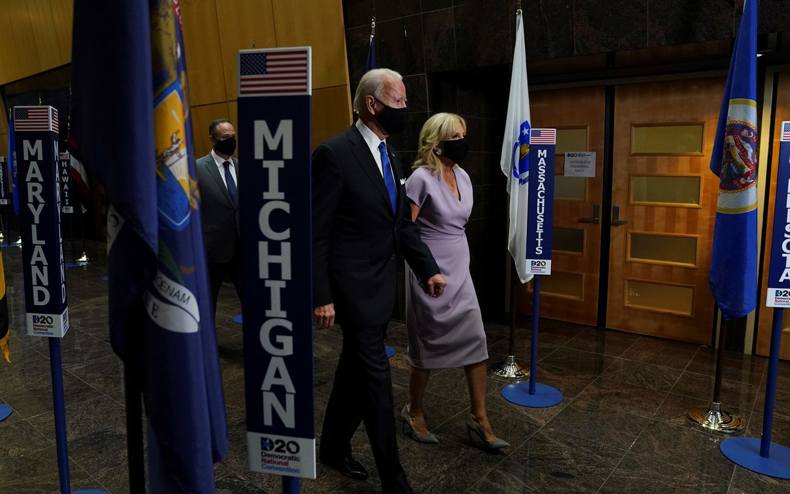 The Bidens walk together after his speech.