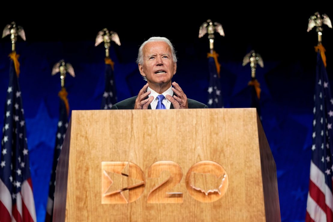 Democratic presidential candidate Joe Biden speaks at the Democratic National Convention on August 20 in Wilmington, Delaware.