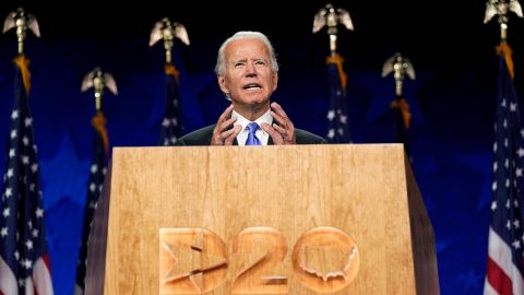 Democratic presidential candidate Joe Biden speaks at the Democratic National Convention on August 20 in Wilmington, Delaware.