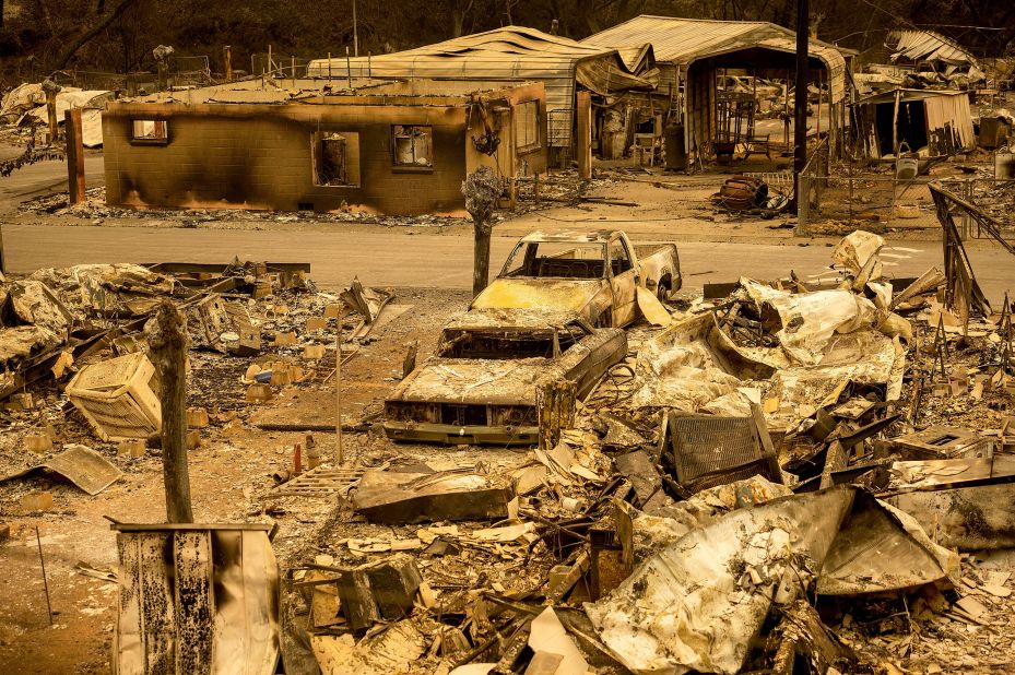 Only scorched homes and vehicles remain in the Spanish Flat Mobile Villa in Napa County, California, on August 20, 2020.