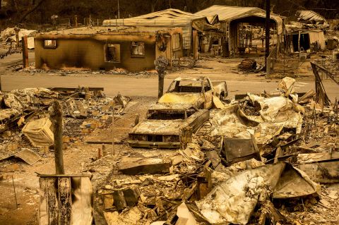 Only scorched homes and vehicles remain in the Spanish Flat Mobile Villa in Napa County, California, on August 20.