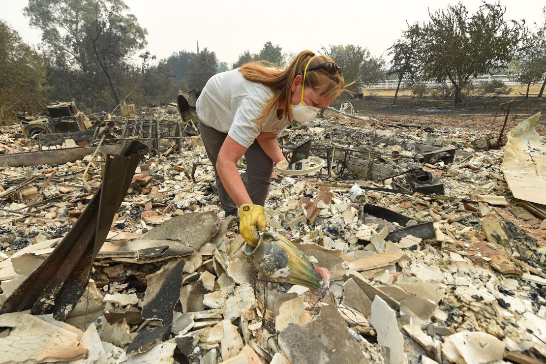 Sarah Hawkins finds a vase in the rubble after her home was destroyed by a fire in Vacaville, California.