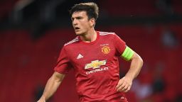 MANCHESTER, ENGLAND - AUGUST 05: Harry Maguire of Manchester United in action during the UEFA Europa League round of 16 second leg match between Manchester United and LASK at Old Trafford on August 05, 2020 in Manchester, England. (Photo by Michael Regan/Getty Images)